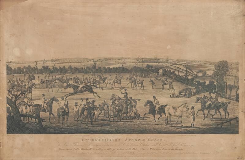 Extraordinary Steeple-Chase, Henry Thomas Alken, hand-coloured aquatint, c.1830s
