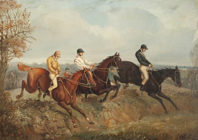 Three Steeplechasers Clearing a Ditch, Henry Thomas Alken, oil on canvas, c.1830s