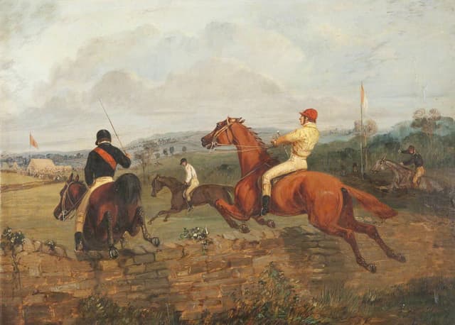Two Steeplechasers Clearing a Wall, with Two Steeplechasers in the Middle Distance, Henry Thomas Alken, oil on canvas, c.1830s