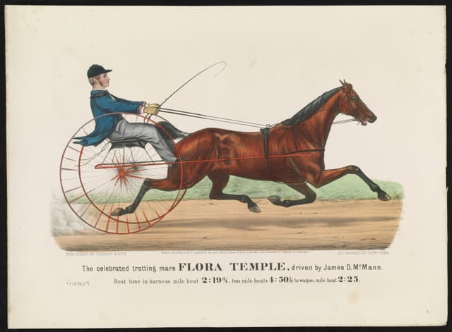 The Celebrated Trotting Mare Flora Temple, Driven by James D. McMann, Currier & Ives, hand-coloured lithograph, c.1859