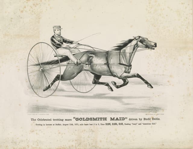 The Celebrated Trotting Mare Goldsmith Maid Driven by Budd Doble, Currier & Ives, hand-coloured lithograph, 1871