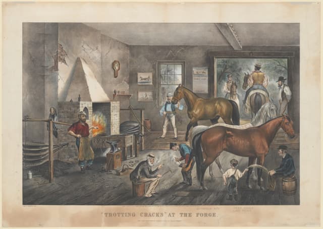 'Trotting Cracks' at the Forge, Currier & Ives after Thomas Worth, hand-coloured lithograph, c.1869