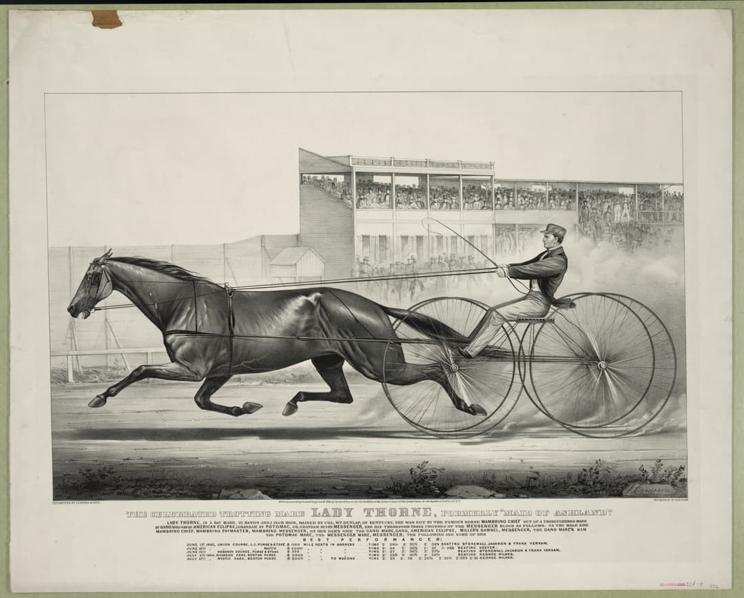 Celebrated Trotting Mare Lady Thorne, Currier & Ives, hand-coloured lithograph, c.1869