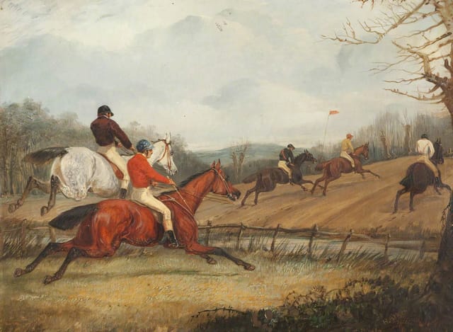 Five Steeplechasers, with a River in the Middle Distance and a Red Flag on the Horizon