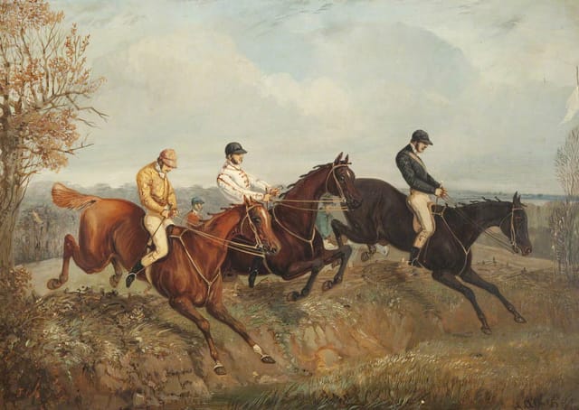 Three Steeplechasers Clearing a Ditch