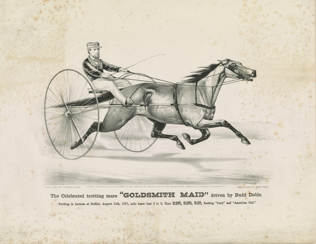 The Celebrated Trotting Mare Goldsmith Maid Driven by Budd Doble, Currier & Ives, hand-coloured lithograph, 1871