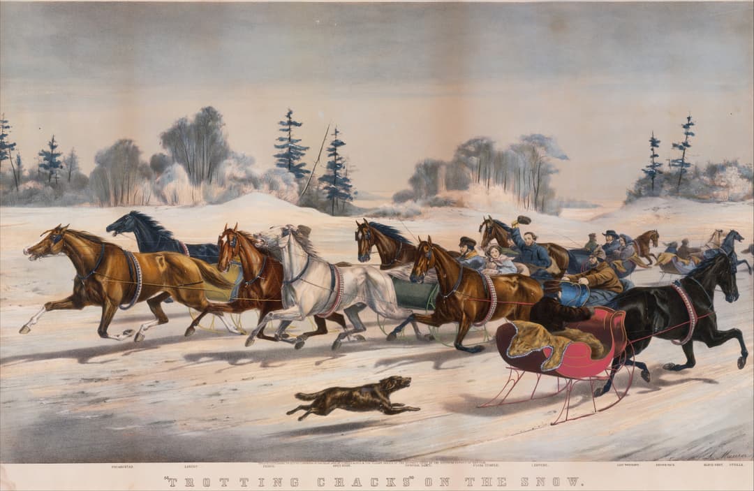 'Trotting Cracks' on the Snow, Currier & Ives after Thomas Worth, hand-coloured lithograph, c.1858