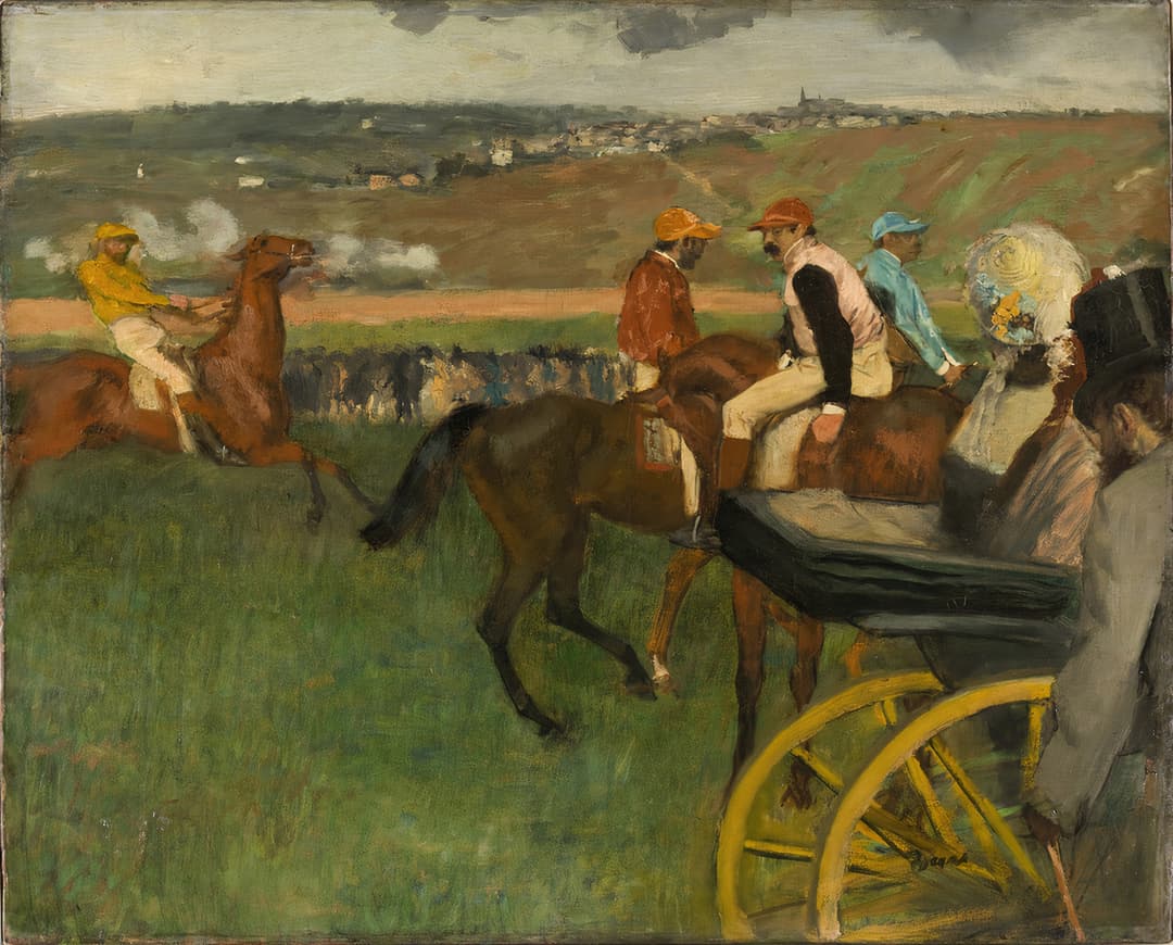 Le Champ de courses, jockeys amateurs près d'une voiture, Edgar Degas, oil on canvas, 1876-1887