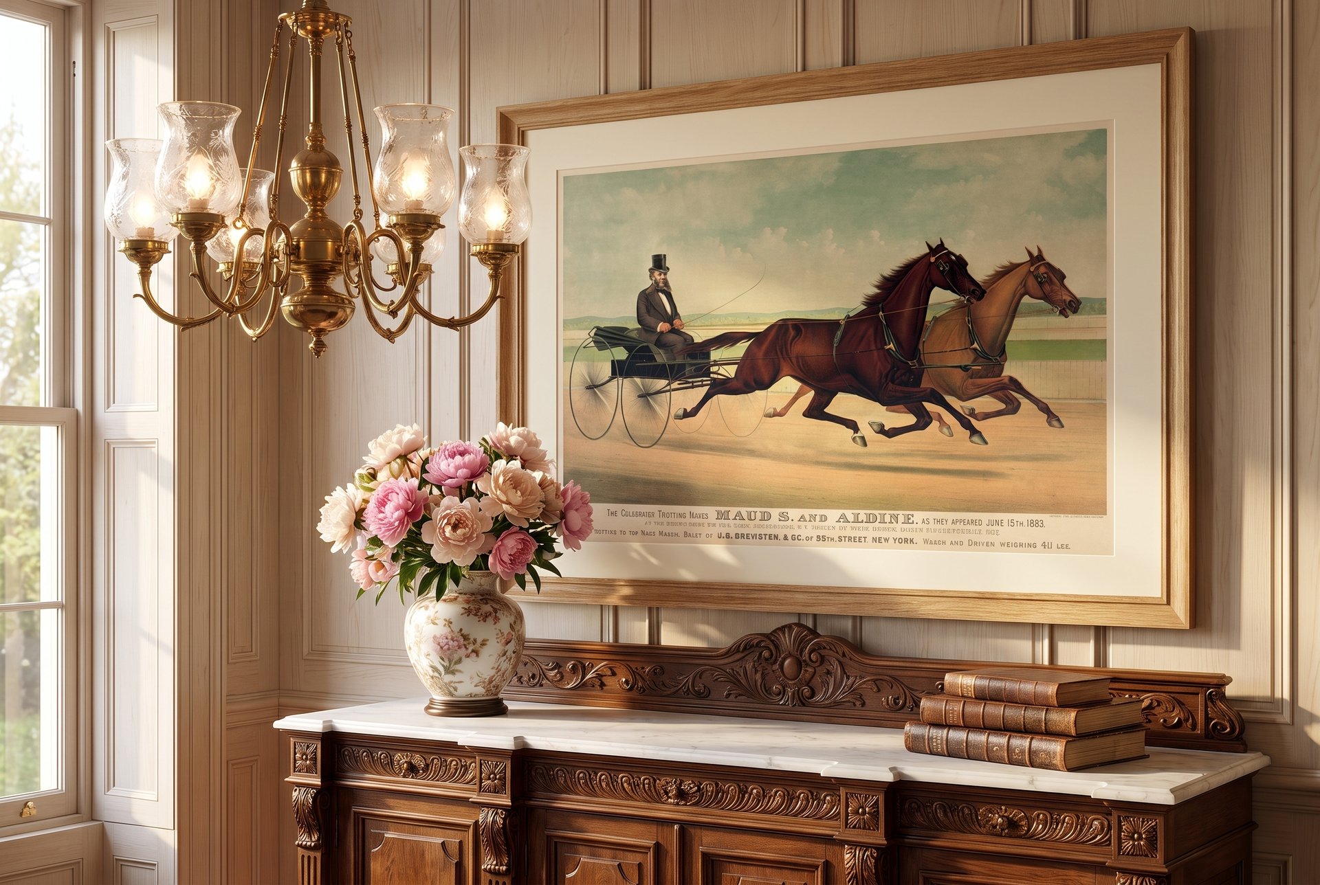 The Celebrated Trotting Mares Maud S. and Aldine, framed as an archival print on a wall