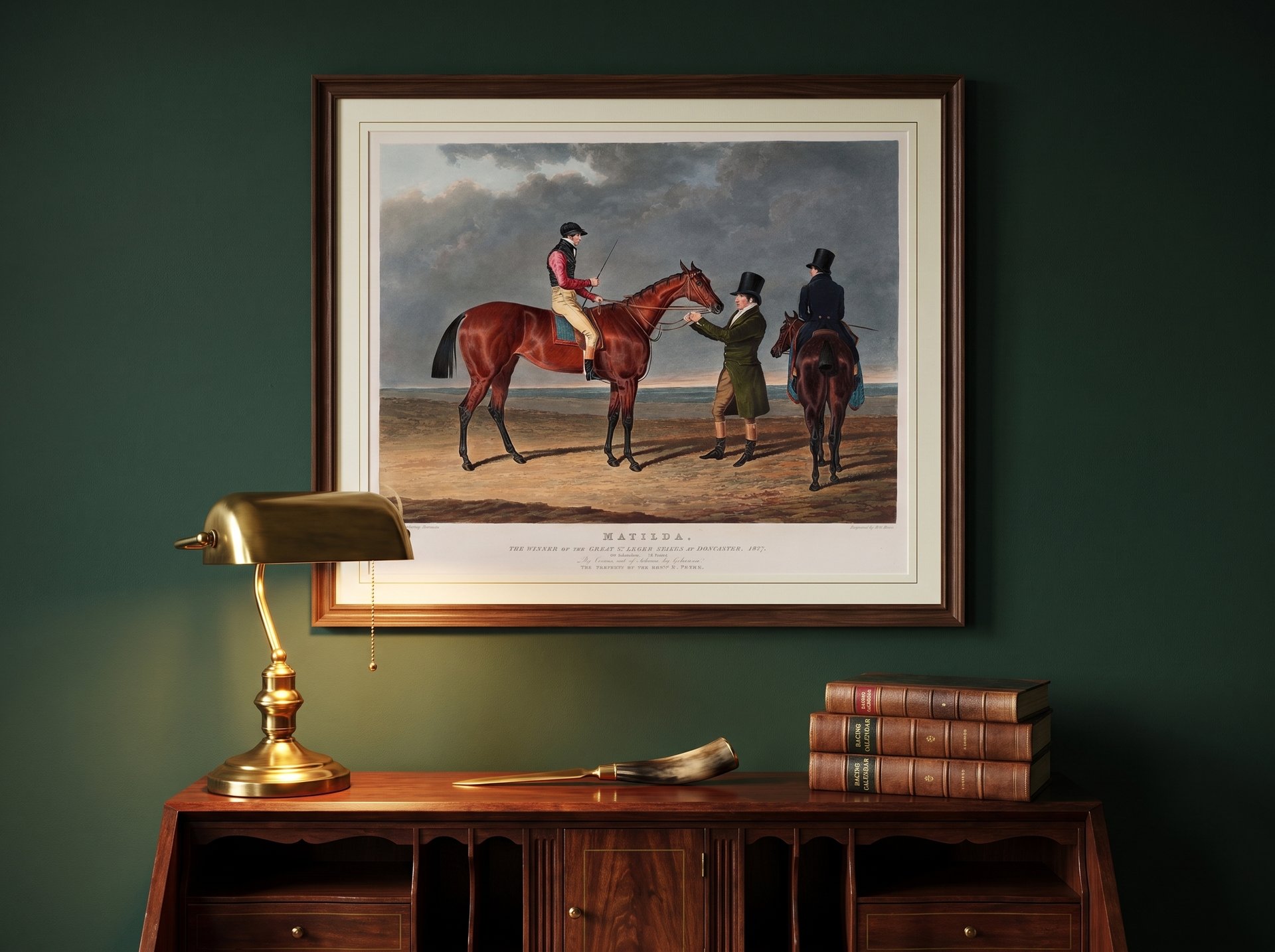Matilda, the winner of the Great St. Leger Stakes at Doncaster, 1827, framed as an archival print on a wall