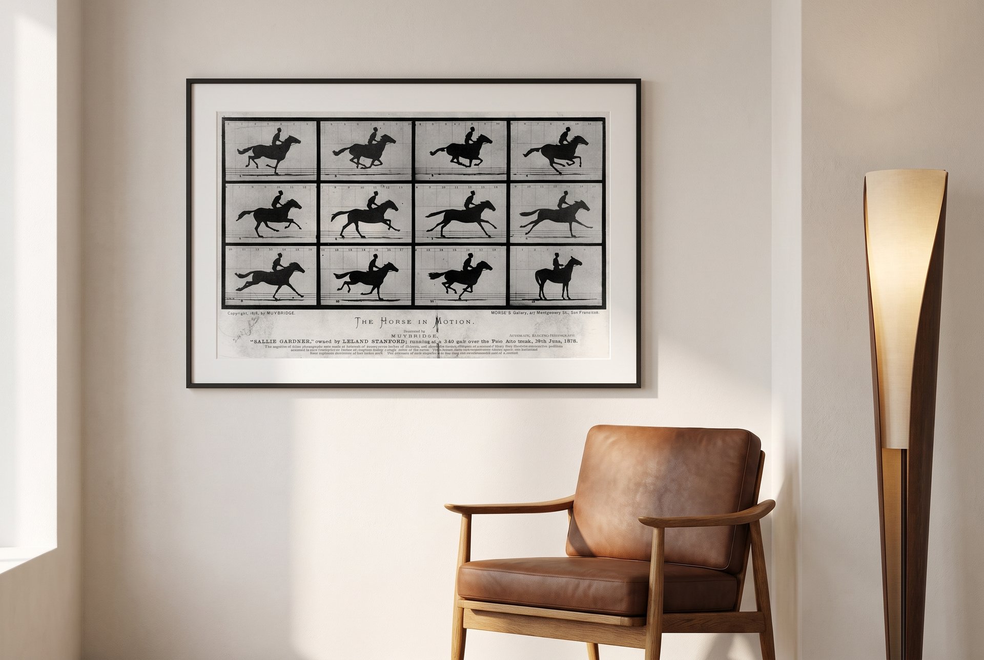The Horse in Motion — 1878, framed as an archival print on a wall